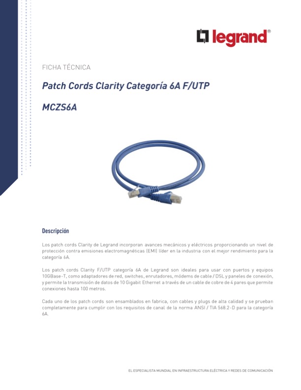 Patch Cords Clarity Categoría 6A F/UTP MCZS6A